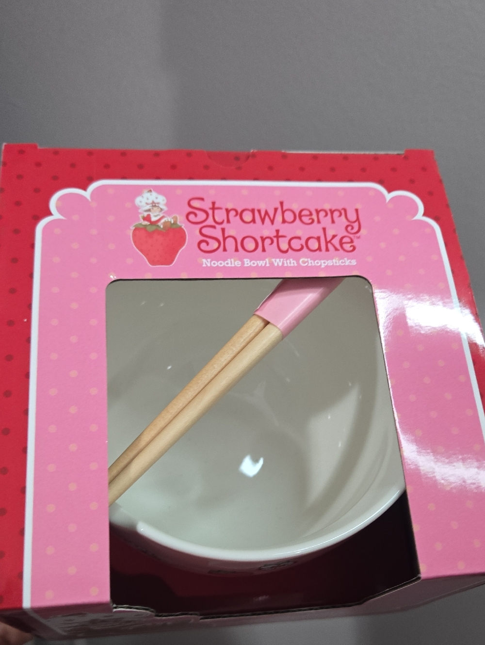 Pink Strawberry Shortcake Noodle Bowl with Chopsticks, Ceramic - Picture 2 of 3